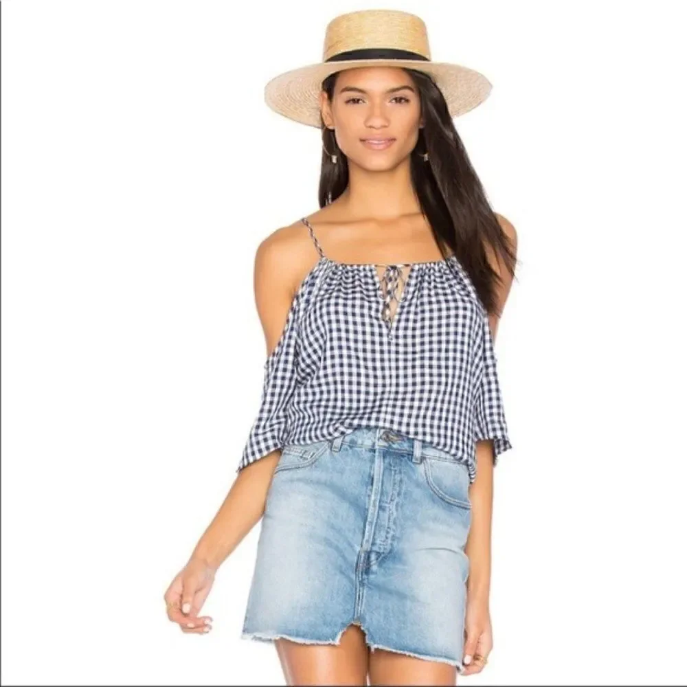 Velvet Graham & Spencer Gingham Cold Shoulder Top Blue White XS